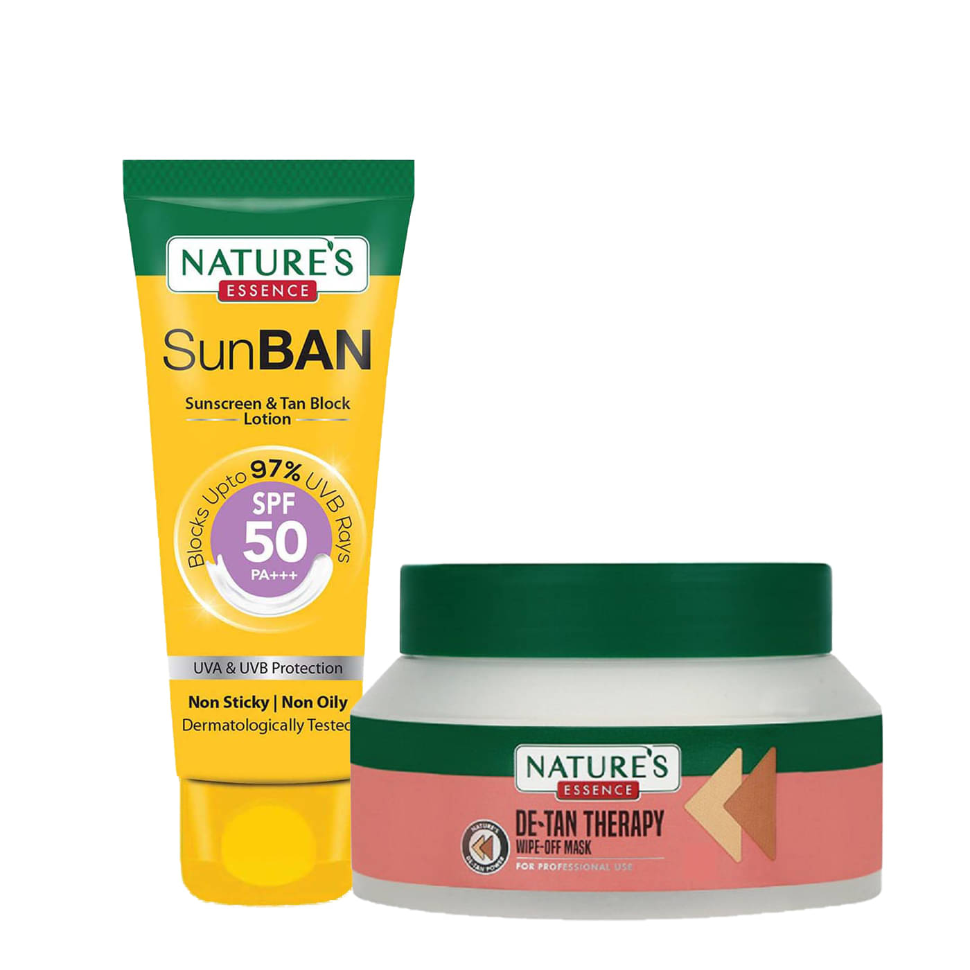 Nature's Essence Detan Therapy Wipe Off Mask 200Ml +SunBan Sunscreen Spf 50 30ml (Pack of 2) Nature's Essence Detan Therapy Wipe Off Mask 200Ml +SunBan Sunscreen Spf 50 30ml (Pack of 2)