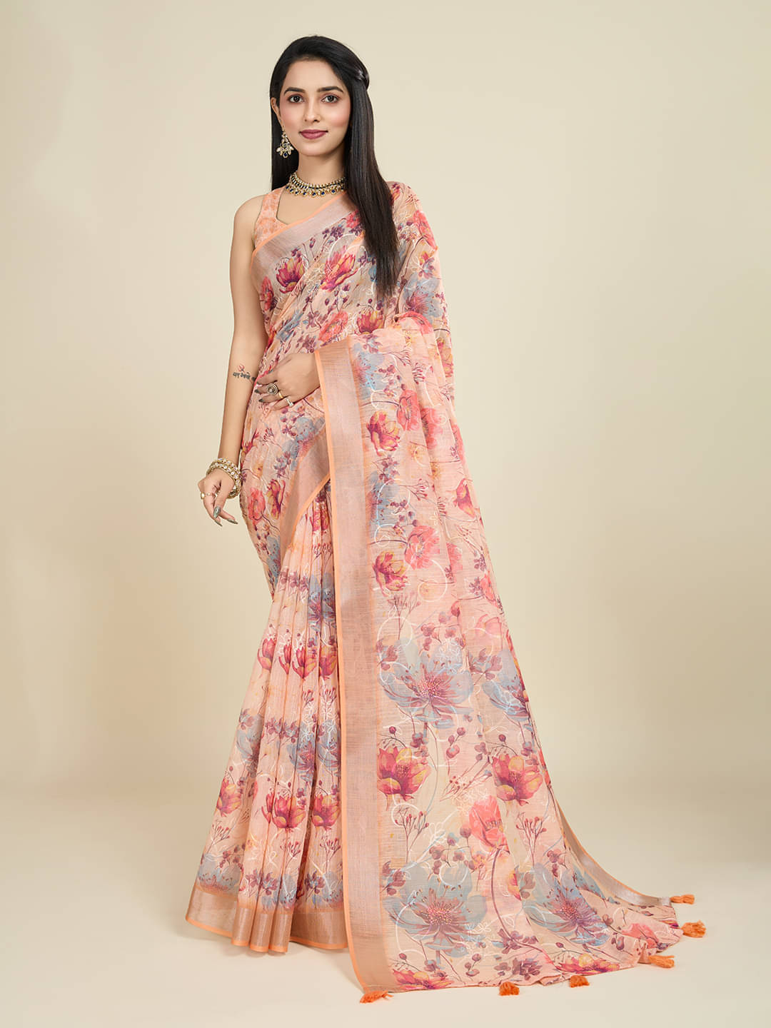     			SHANVIKA Cotton Blend Printed Saree With Unstitched Blouse Piece ( Peach )