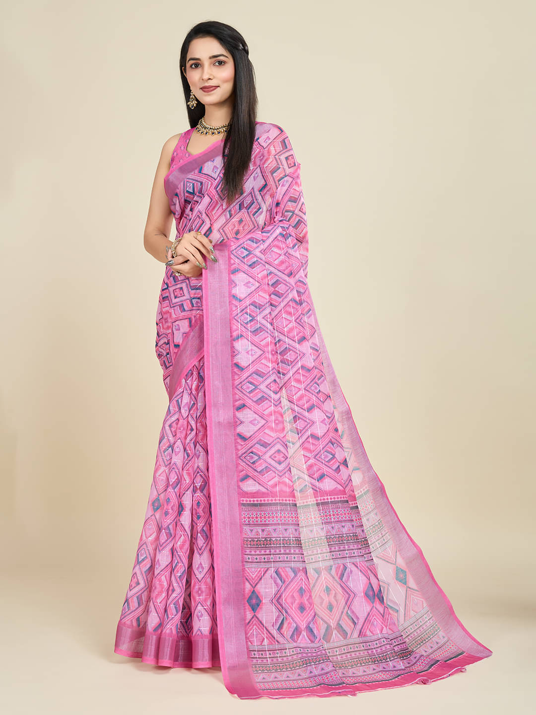 SHANVIKA Cotton Blend Printed Saree With Unstitched Blouse Piece ( Pink ) SHANVIKA Cotton Blend Printed Saree With Unstitched Blouse Piece ( Pink )