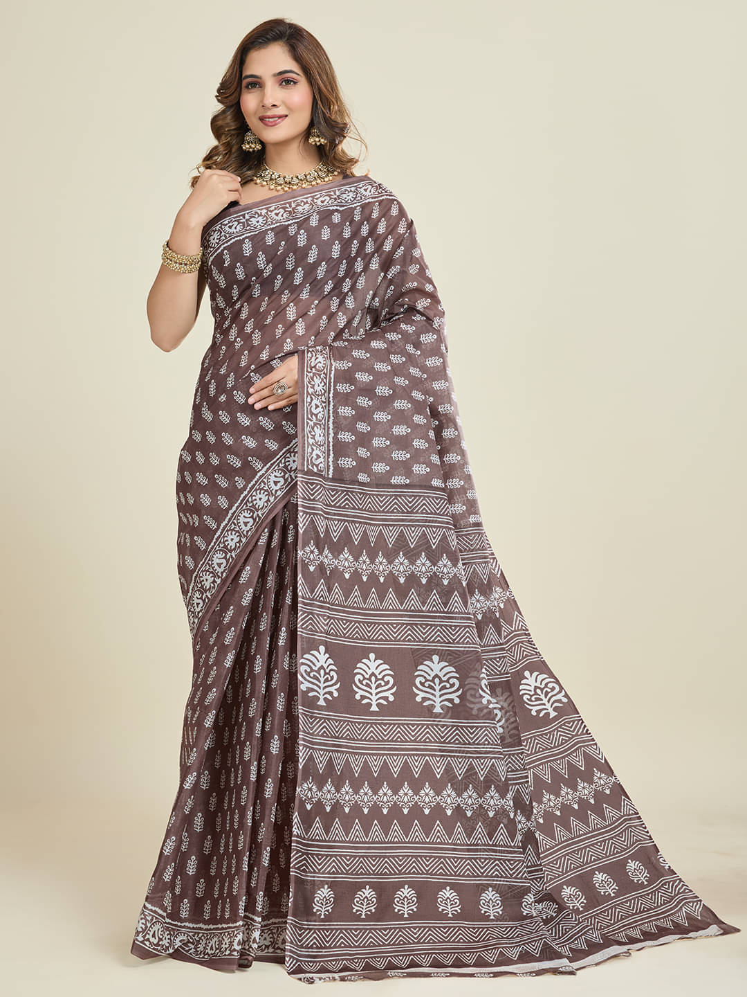     			SHANVIKA Cotton Printed Saree Without Blouse Piece ( Coffee )