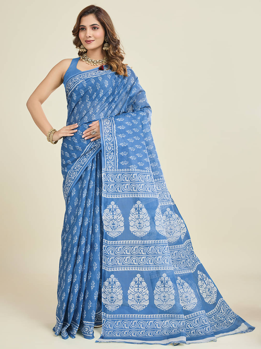     			SHANVIKA Cotton Printed Saree Without Blouse Piece ( Blue )