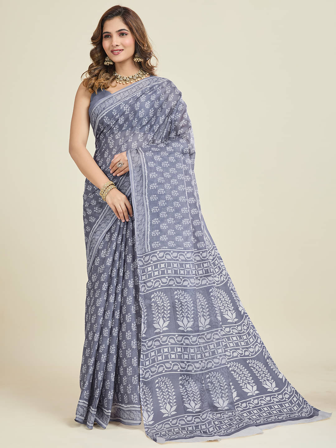 SHANVIKA Cotton Printed Saree Without Blouse Piece ( Grey ) SHANVIKA Cotton Printed Saree Without Blouse Piece ( Grey )