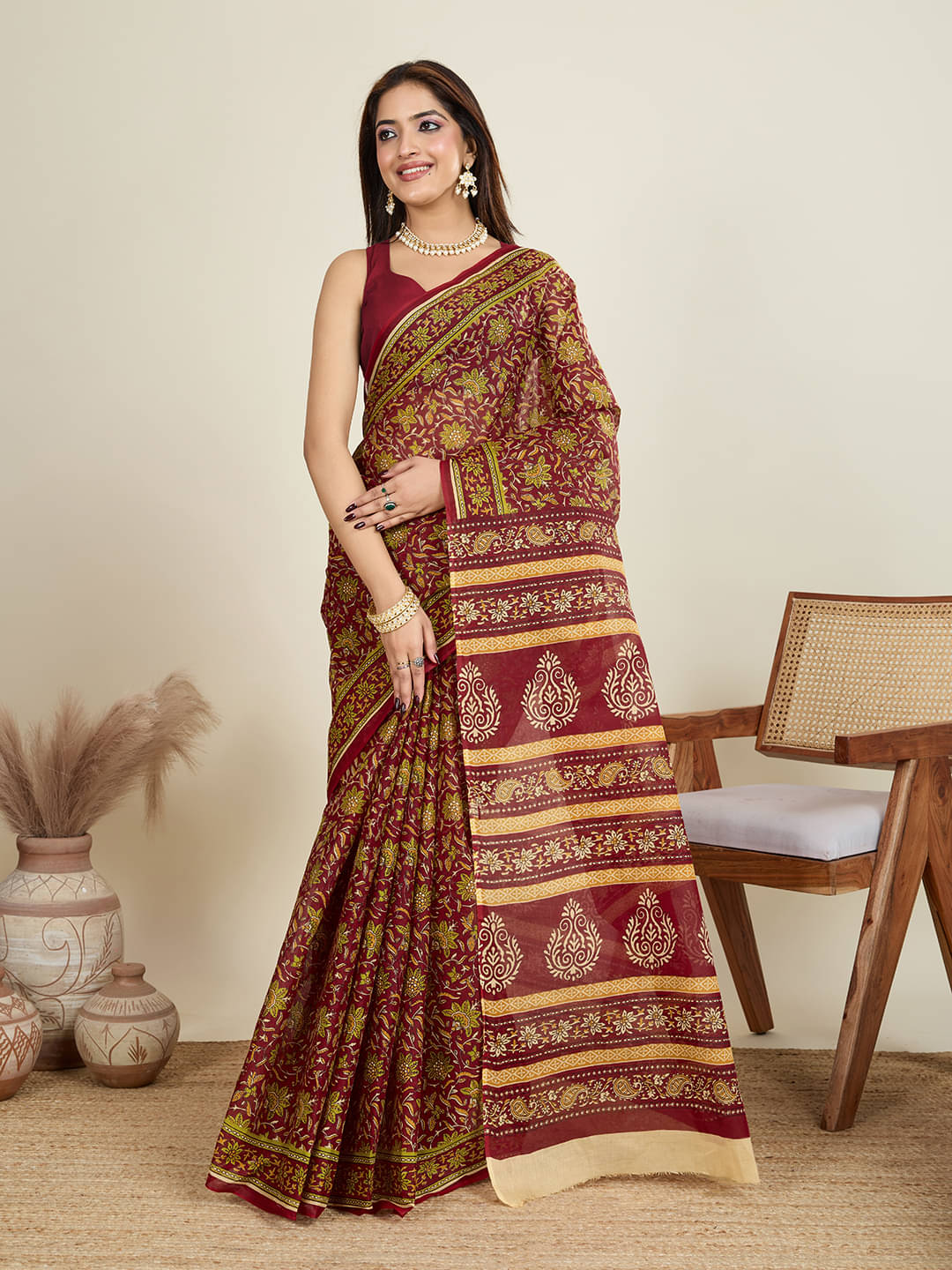     			SHANVIKA Cotton Printed Saree Without Blouse Piece ( Maroon )