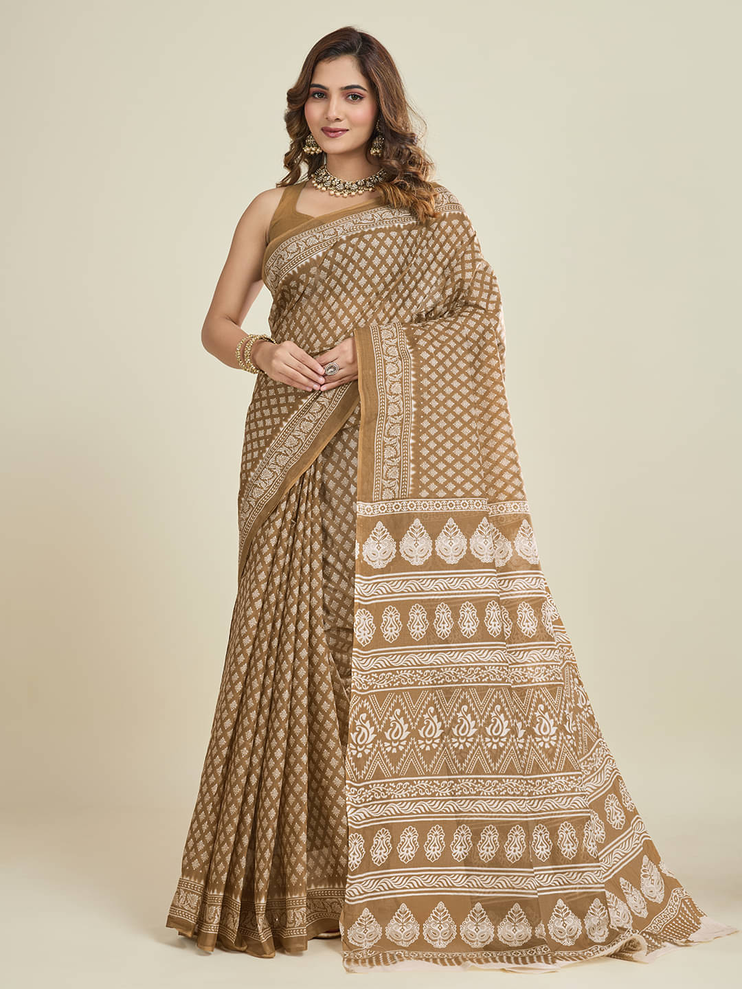     			SHANVIKA Cotton Printed Saree Without Blouse Piece ( Brown )
