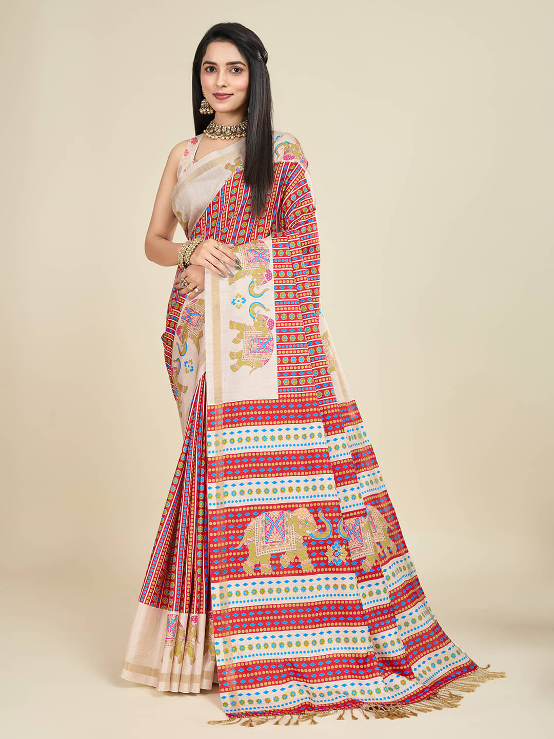     			SHANVIKA Silk Blend Printed Saree With Unstitched Blouse Piece ( Red )