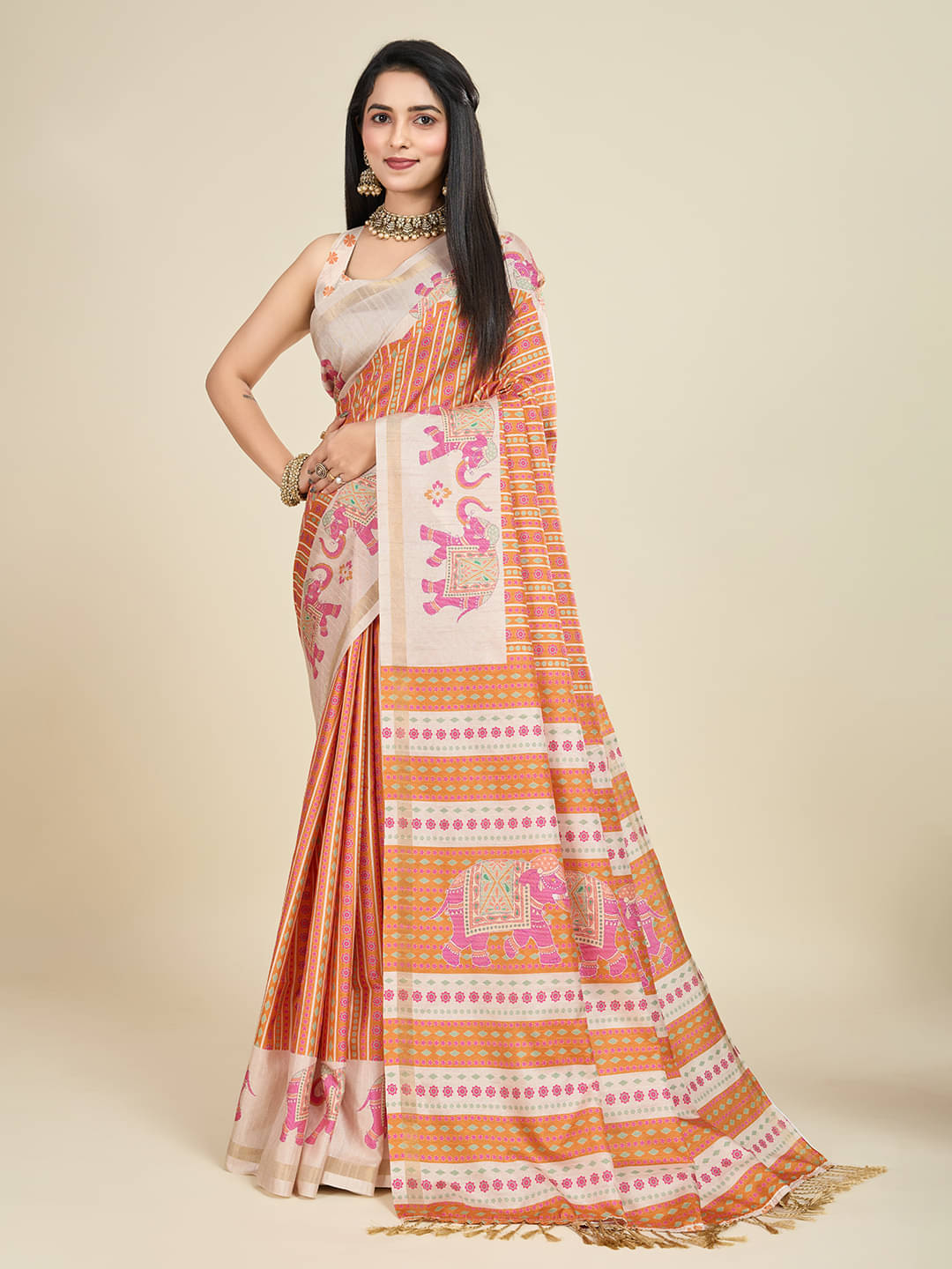     			SHANVIKA Silk Blend Printed Saree With Unstitched Blouse Piece ( Orange )