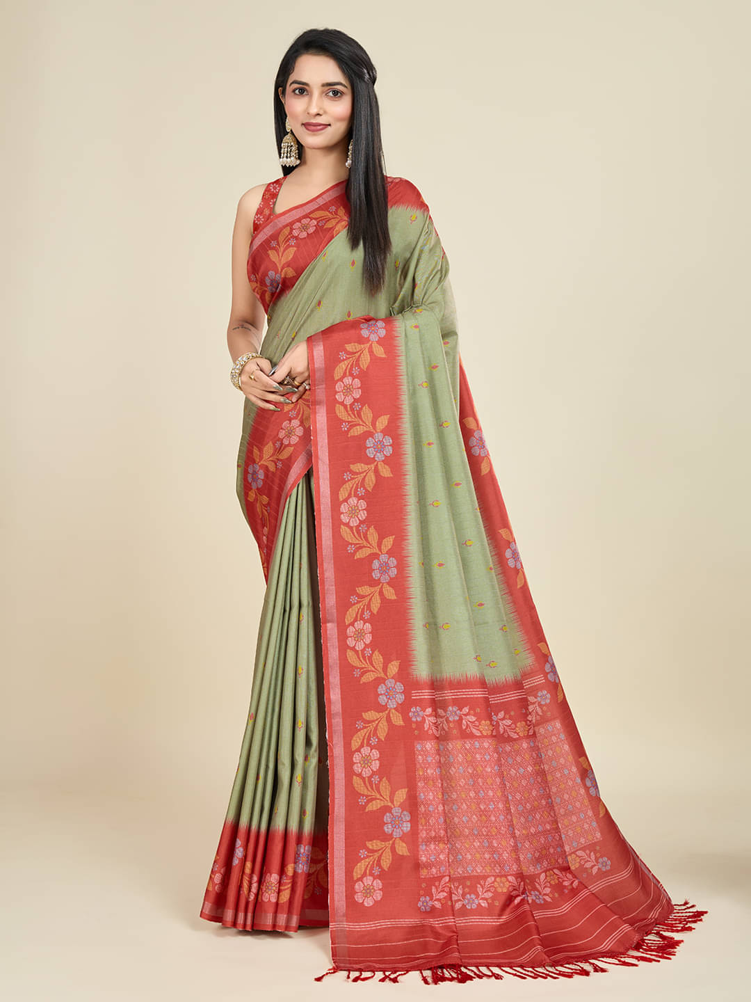     			SHANVIKA Silk Blend Printed Saree With Unstitched Blouse Piece ( Olive )