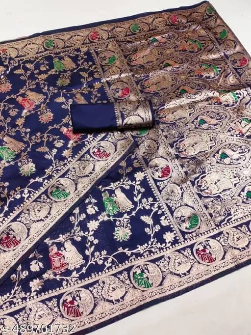     			Saadhvi Banarasi Silk Woven Saree With Unstitched Blouse Piece ( Navy Blue )
