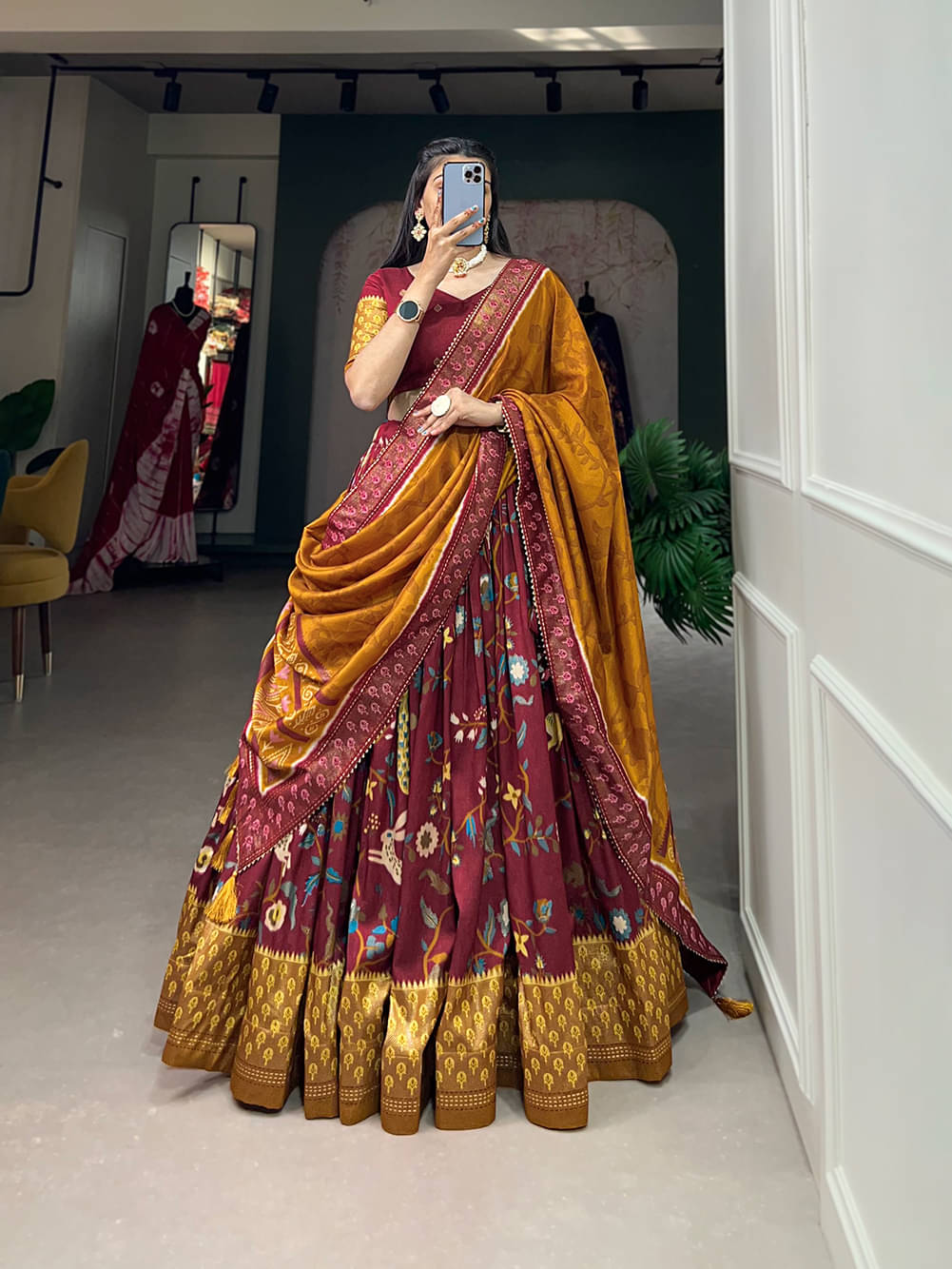 TEHSVA Maroon Tussar Silk Sharara Stitched Lehenga Single TEHSVA Maroon Tussar Silk Sharara Stitched Lehenga Single