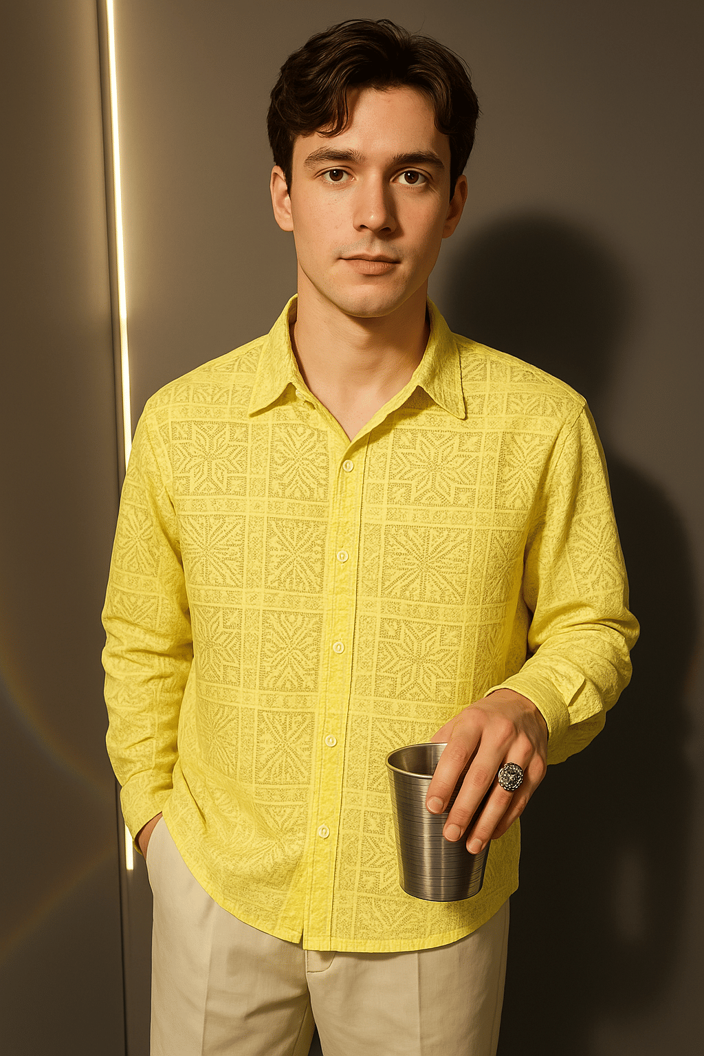     			Try This Cotton Blend Regular Fit Self Design Full Sleeves Men's Casual Shirt - Yellow ( Pack of 1 )