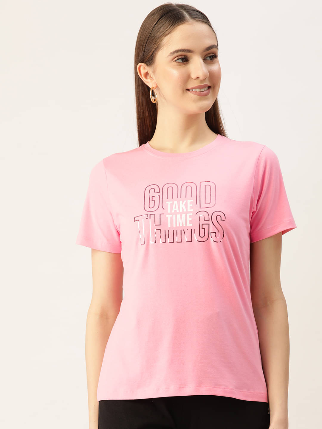     			femea Women Lycra Printed Regular Fit Round Neck T-Shirt ( Pink )