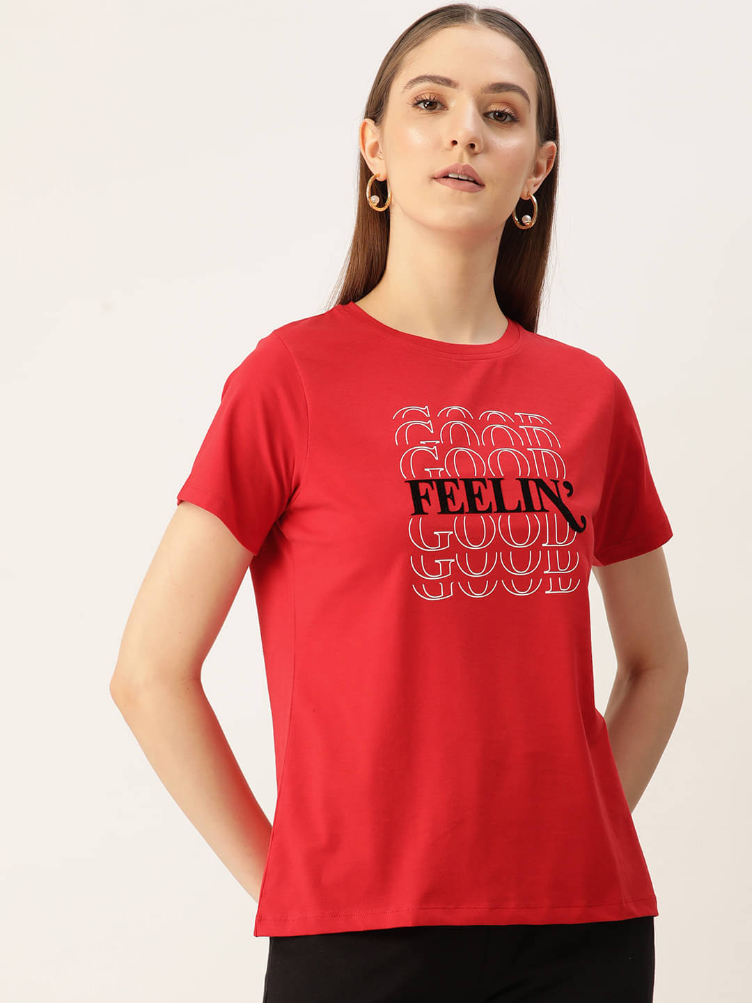     			femea Women Lycra Printed Regular Fit Round Neck T-Shirt ( Red )