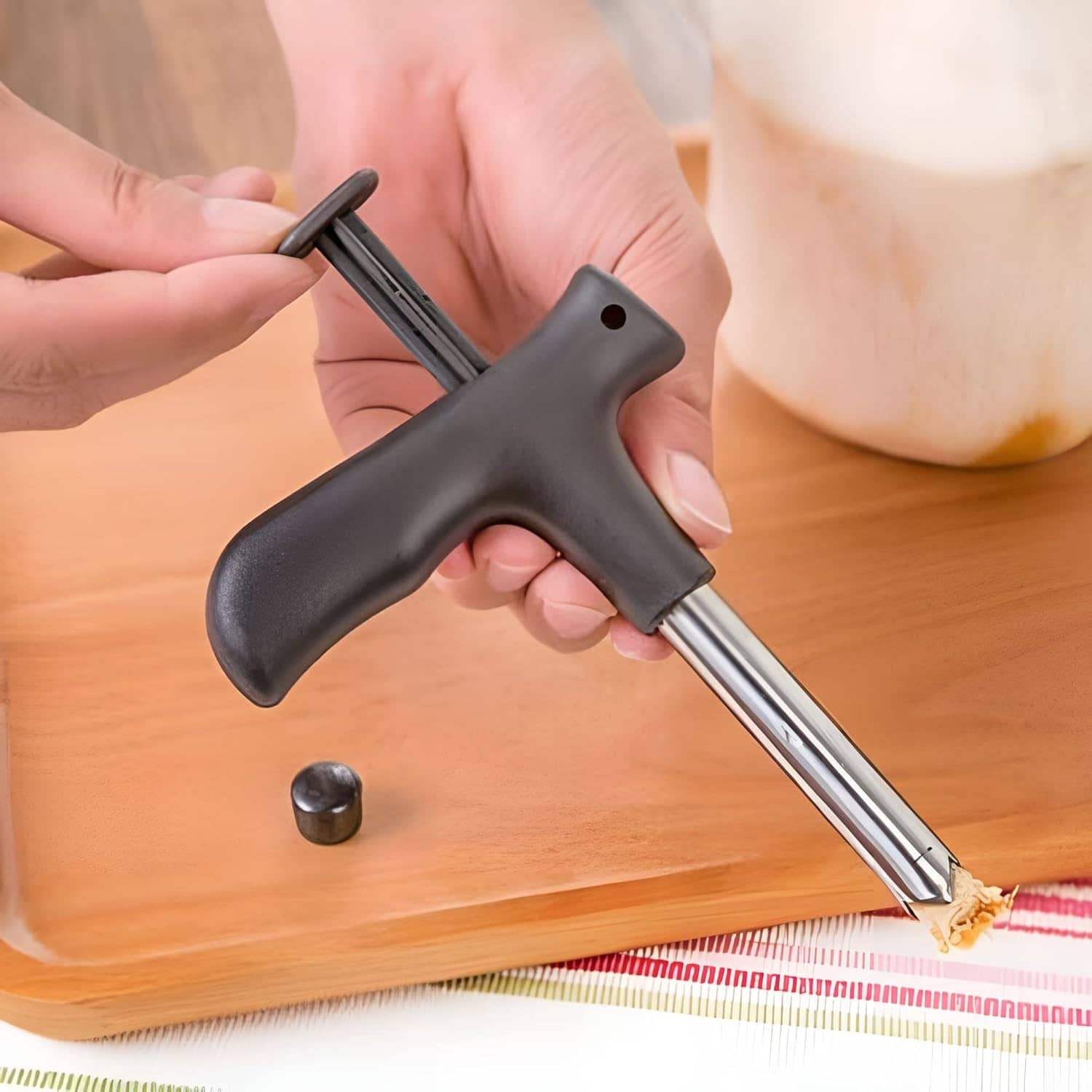 forral Silver Stainless Steel Coconut Opener Tool, Drill Cutter with Stick ( Set of 1 )
