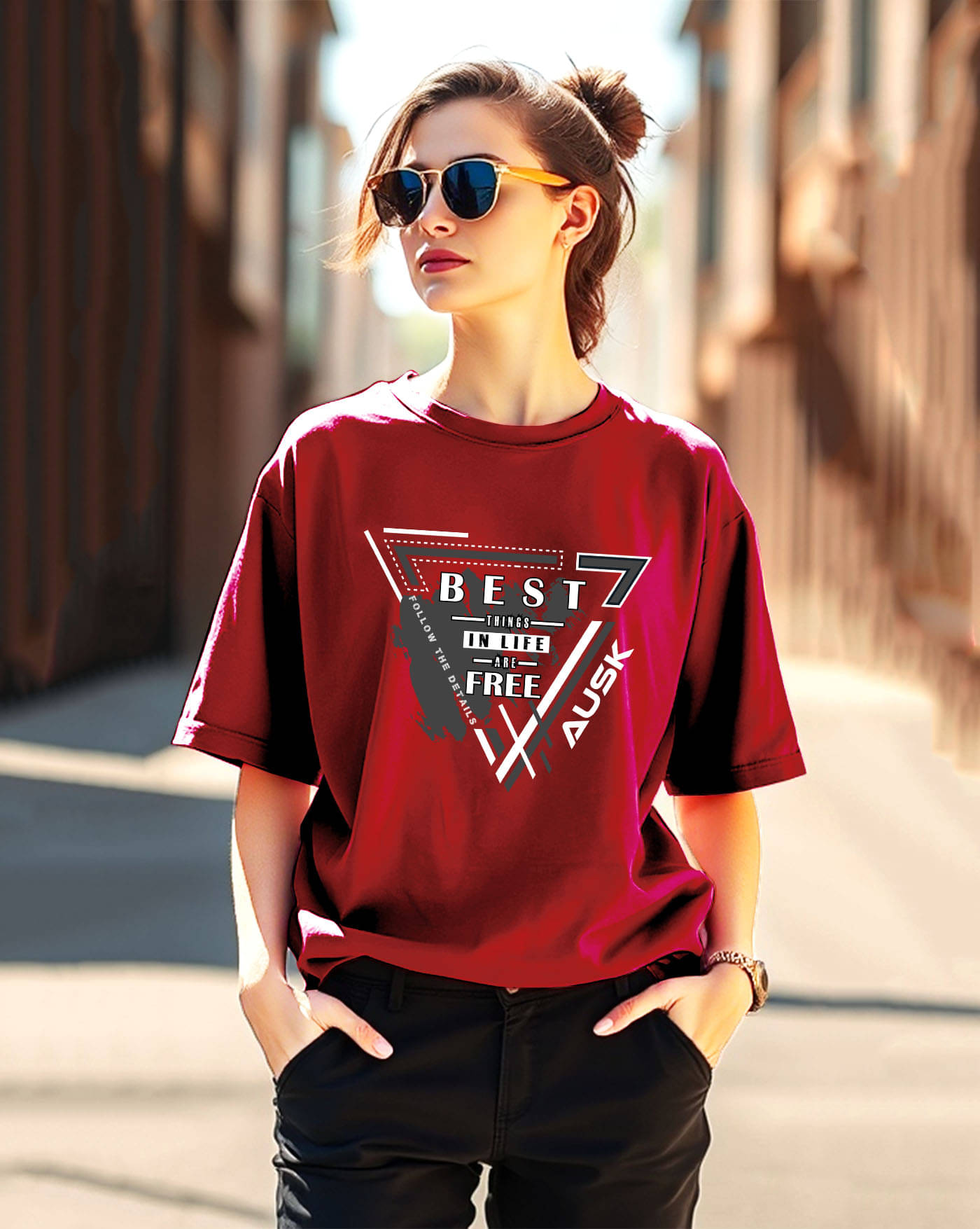     			AOOSH Women Cotton Blend Printed Oversized Round Neck T-Shirt ( Maroon )