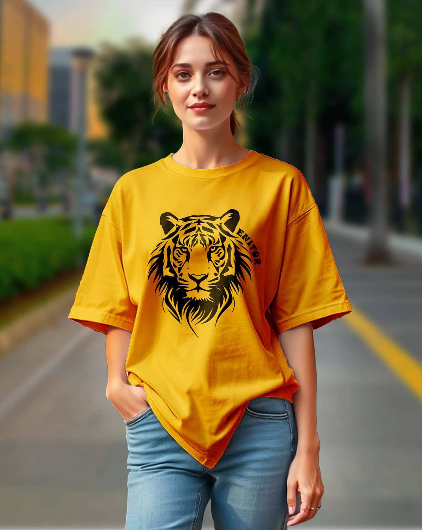 AOOSH Women Cotton Blend Printed Oversized Round Neck T-Shirt ( Mustard ) AOOSH Women Cotton Blend Printed Oversized Round Neck T-Shirt ( Mustard )