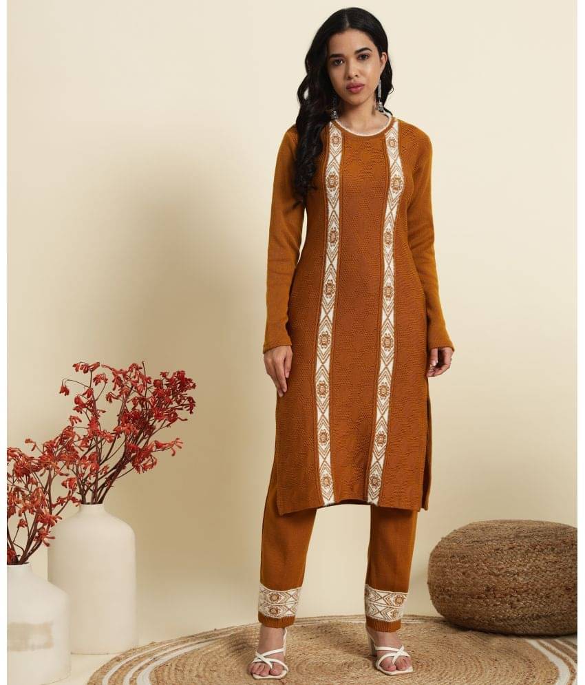     			Canblar Women Woollen Self Design Straight Kurti With Palazzo ( Brown )