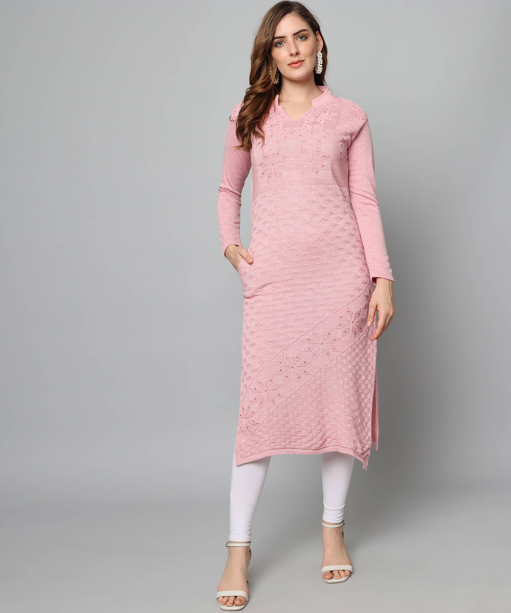 Canblar Women's Woollen Embroidered Straight Kurti - ( Peach ) Canblar Women's Woollen Embroidered Straight Kurti - ( Peach )