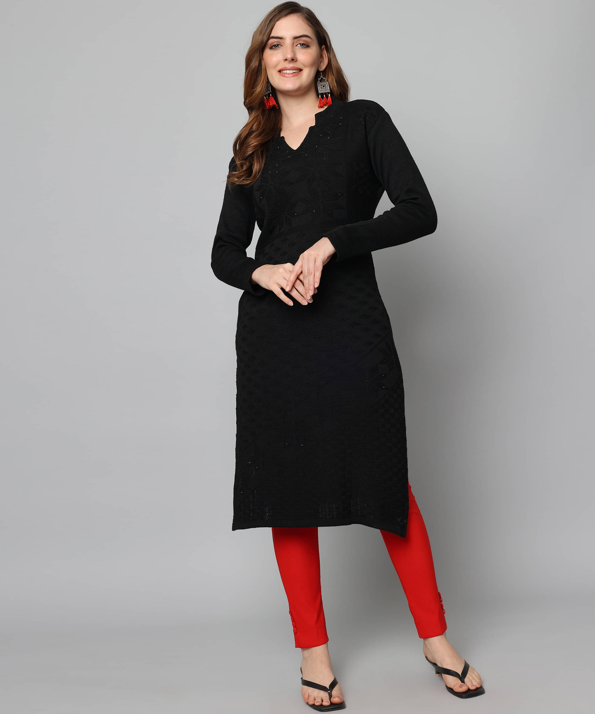     			Canblar Women's Woollen Embroidered Straight Kurti - ( Black )