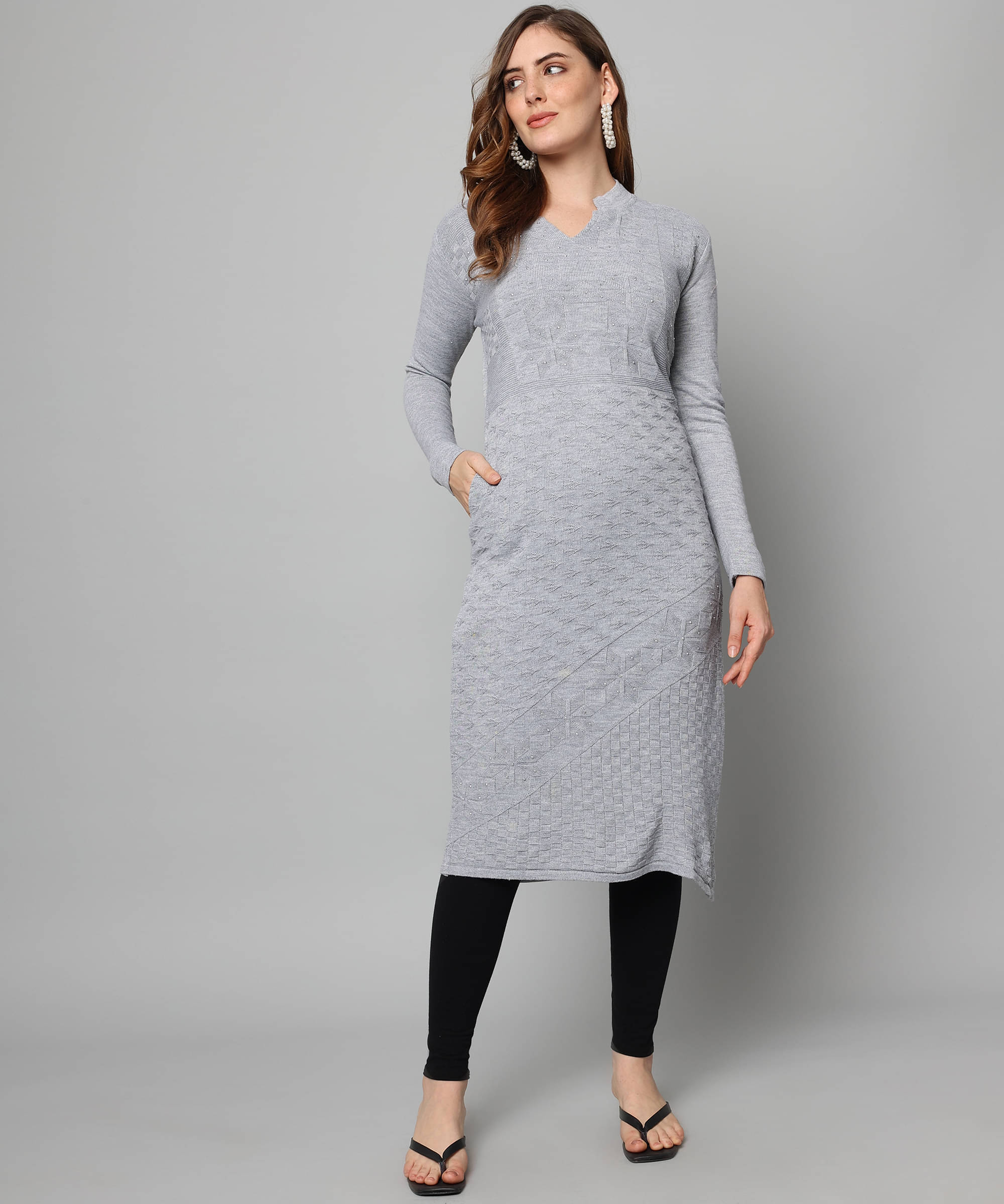     			Canblar Women's Woollen Embroidered Straight Kurti - ( Grey )