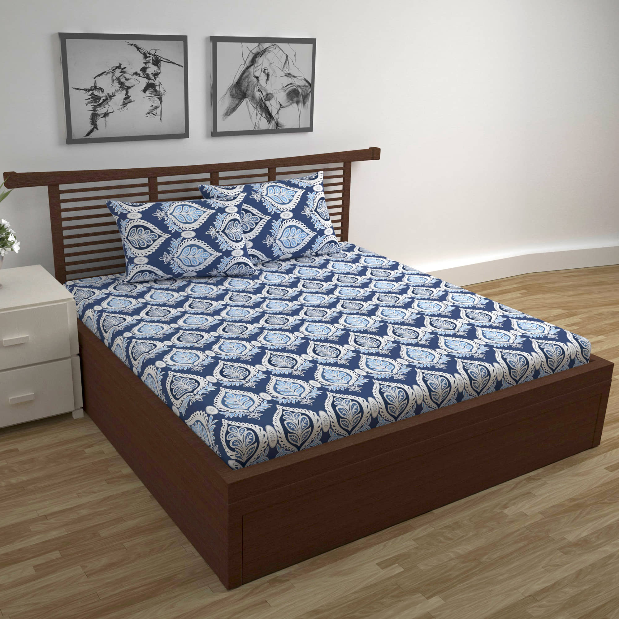 DIVINE CASA Cotton 1 Double Bedsheet with 2 Pillow Covers ( Dark Blue )