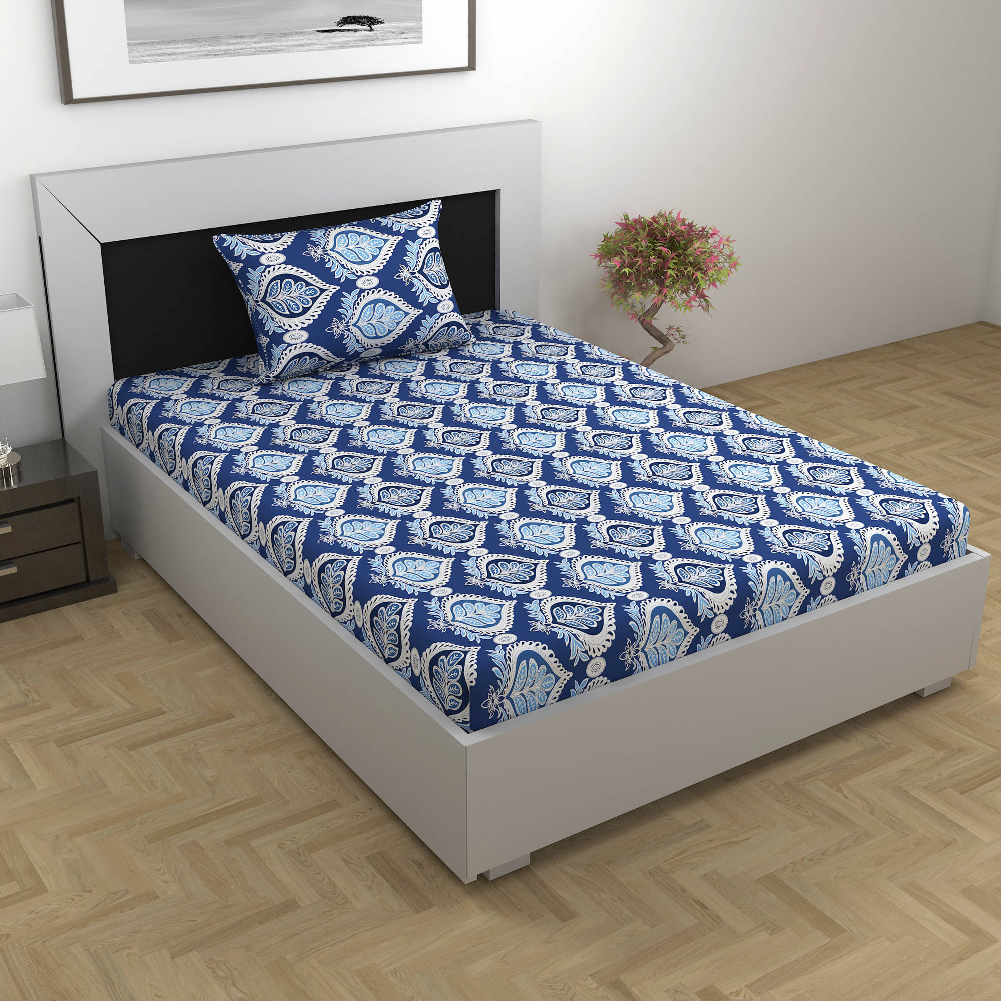DIVINE CASA Cotton 1 Single Bedsheet with 1 Pillow Cover ( Dark Blue ) DIVINE CASA Cotton 1 Single Bedsheet with 1 Pillow Cover ( Dark Blue )