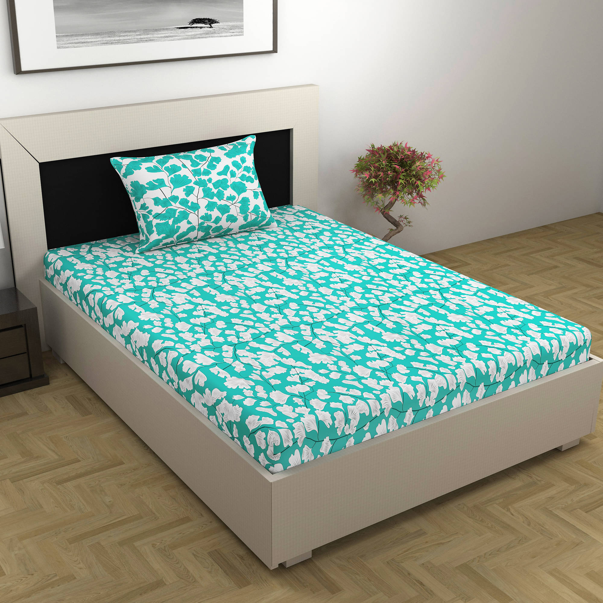     			DIVINE CASA Poly Cotton 1 Single Bedsheet with 1 Pillow Cover ( Teal )
