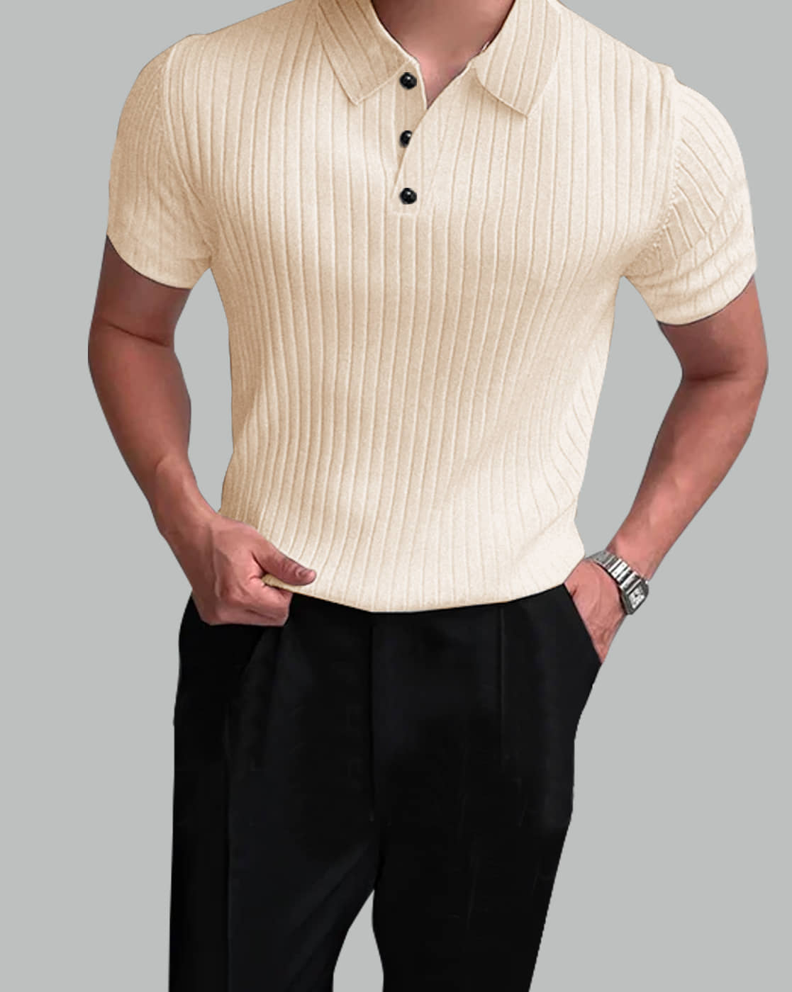 Eyebogler Men Cotton Blend Regular Fit Striped Polo T Shirt ( Beige )