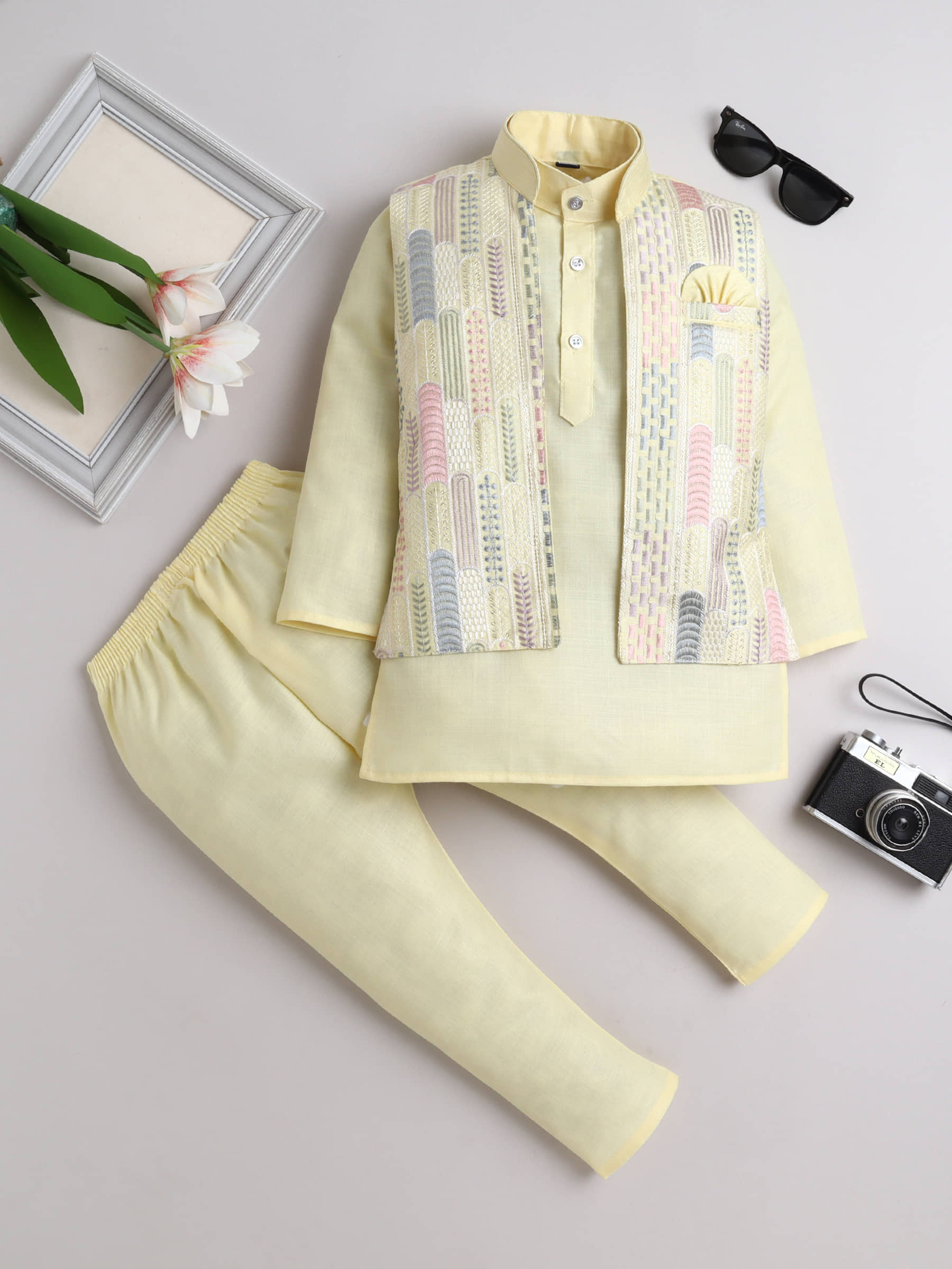 Fourfolds Boys Cotton Ethnic - Pattern Kurta Pyjama Set ( Yellow , Pack of 1 ) - Kurtas & Kurta Sets | Buy online on ZillyBuy