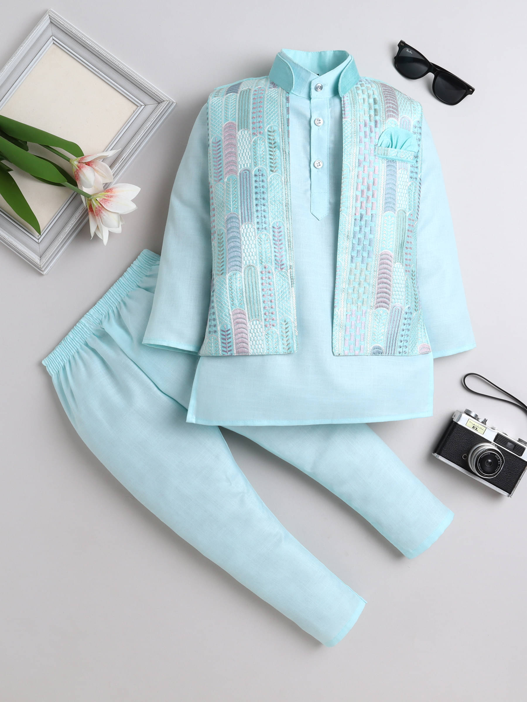     			Fourfolds Boys Cotton Ethnic - Pattern Kurta Pyjama Set ( Sky Blue , Pack of 1 )