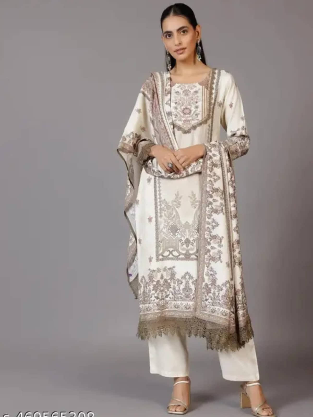 KUNJ CRAETION Women Cotton Blend Printed Straight Kurti With Pants ( Cream )
