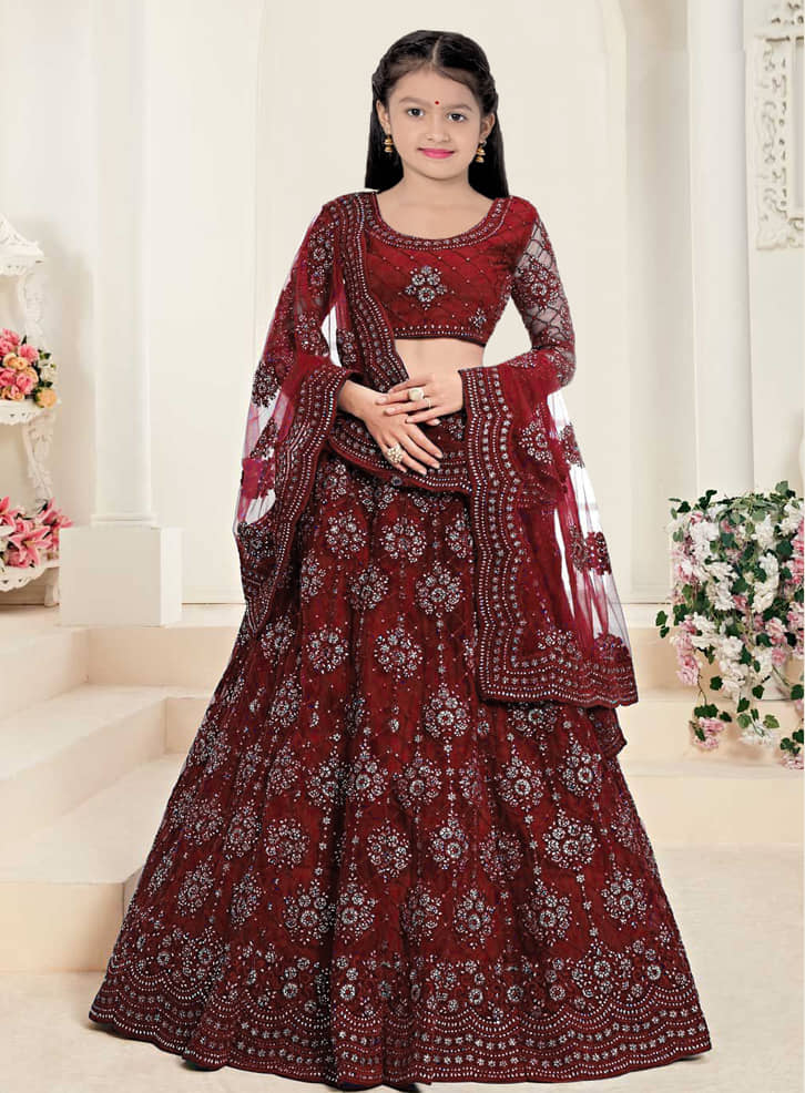 Keyura Net Lehenga Choli Set For Girls ( Pack of 1 , Maroon )