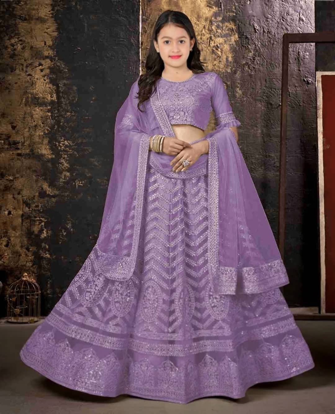 Keyura Net Lehenga Choli Set For Baby Girls ( Pack of 1 , Lavender )