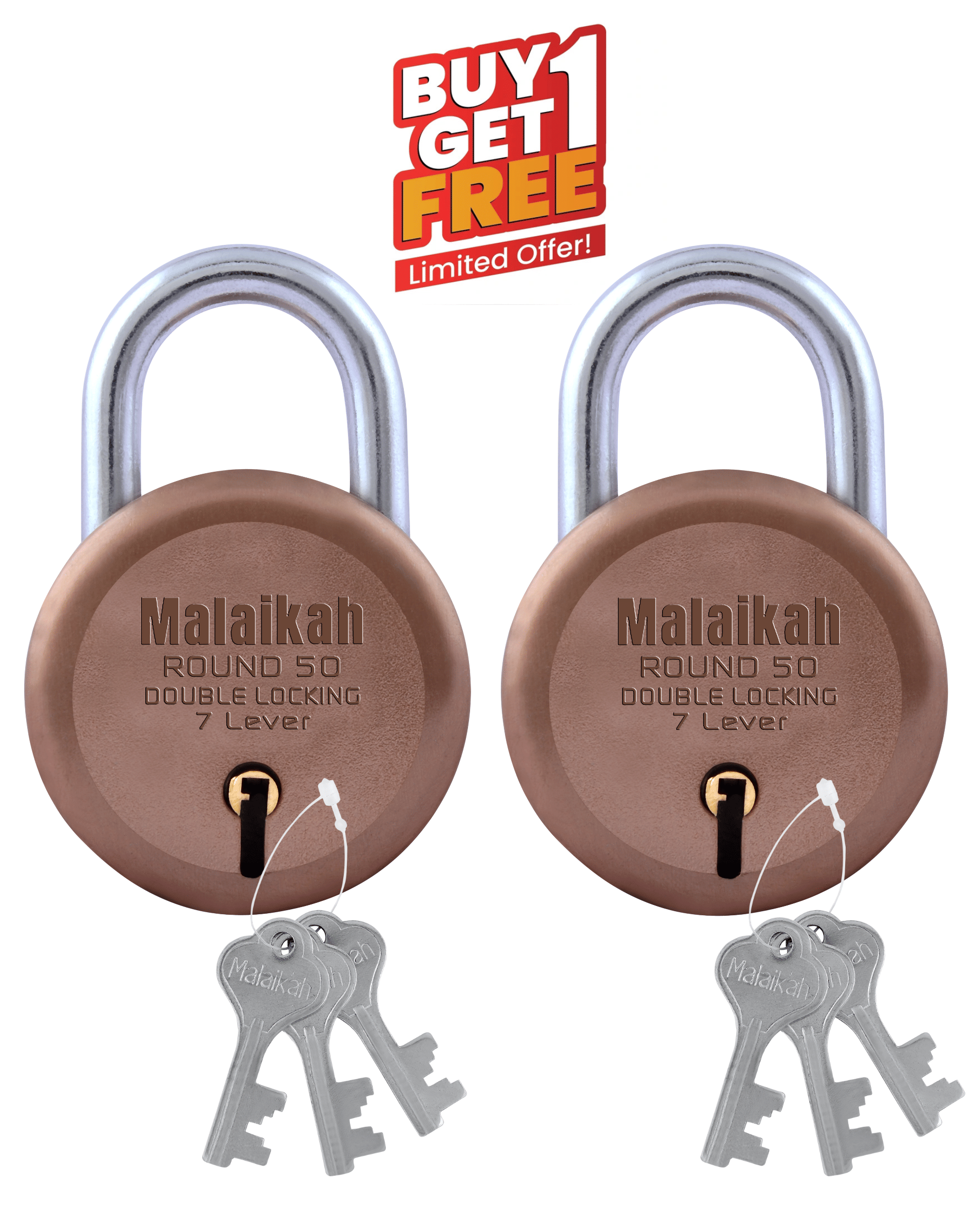 Malaikah Buy 1 Get 1 Free Rose Gold Round 50 Double Locking 7 Lever Pack Of 2