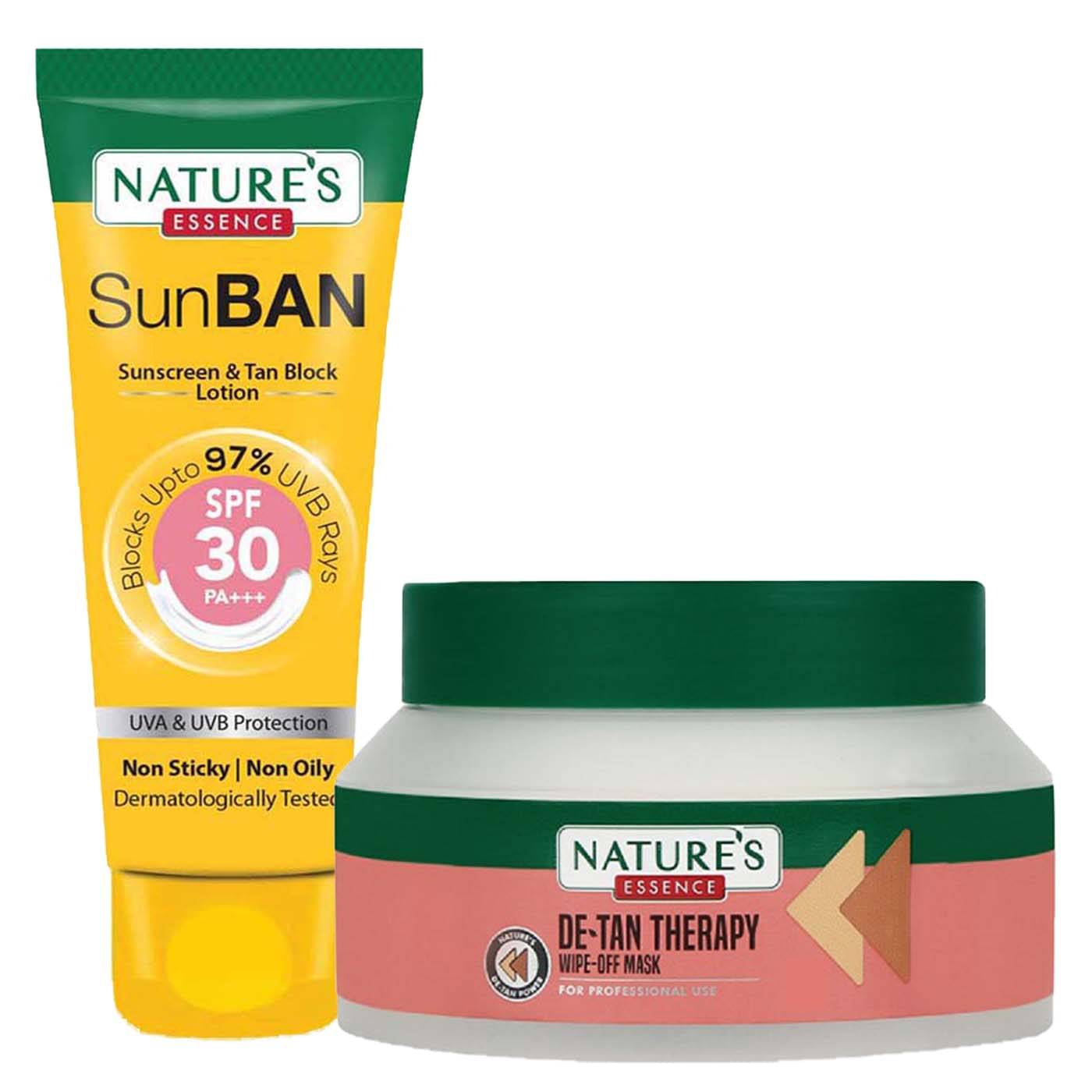 Nature's Essence Detan Therapy Wipe Off Mask 500ml + SunBan Sunscreen Spf 30 120ml (Pack of 2) Nature's Essence Detan Therapy Wipe Off Mask 500ml + SunBan Sunscreen Spf 30 120ml (Pack of 2)