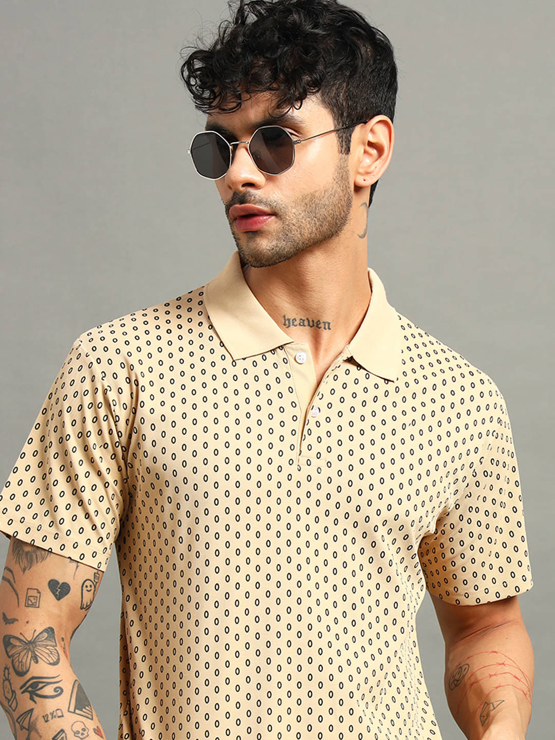     			Nins Moda Men Cotton Blend Regular Fit Printed Polo T Shirt ( Beige )