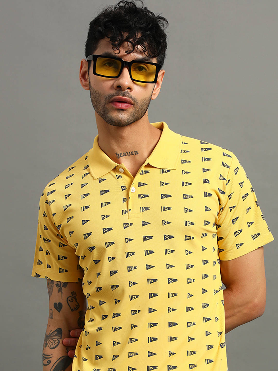     			Nins Moda Men Cotton Blend Regular Fit Printed Polo T Shirt ( Mustard )