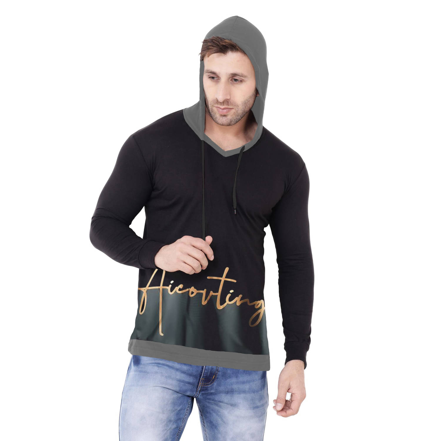     			Try This Cotton Blend Regular Fit Colorblock Full Sleeves Men's Hooded T-Shirt - Black ( Pack of 1 )