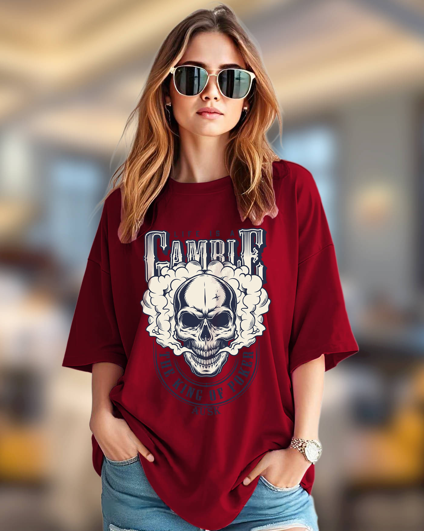     			AUSK Women Cotton Blend Printed Oversized Round Neck T-Shirt ( Maroon )