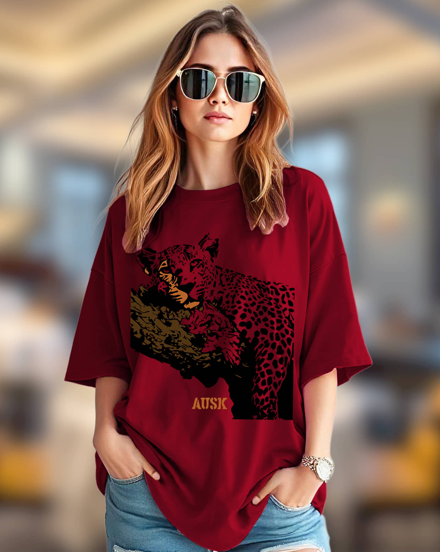 AUSK Women Cotton Blend Printed Oversized Round Neck T-Shirt ( Maroon )