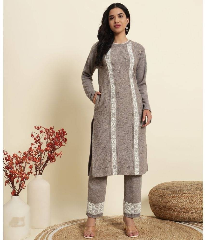 Canblar Women Woollen Striped Straight Kurti With Palazzo ( Grey ) Canblar Women Woollen Striped Straight Kurti With Palazzo ( Grey )