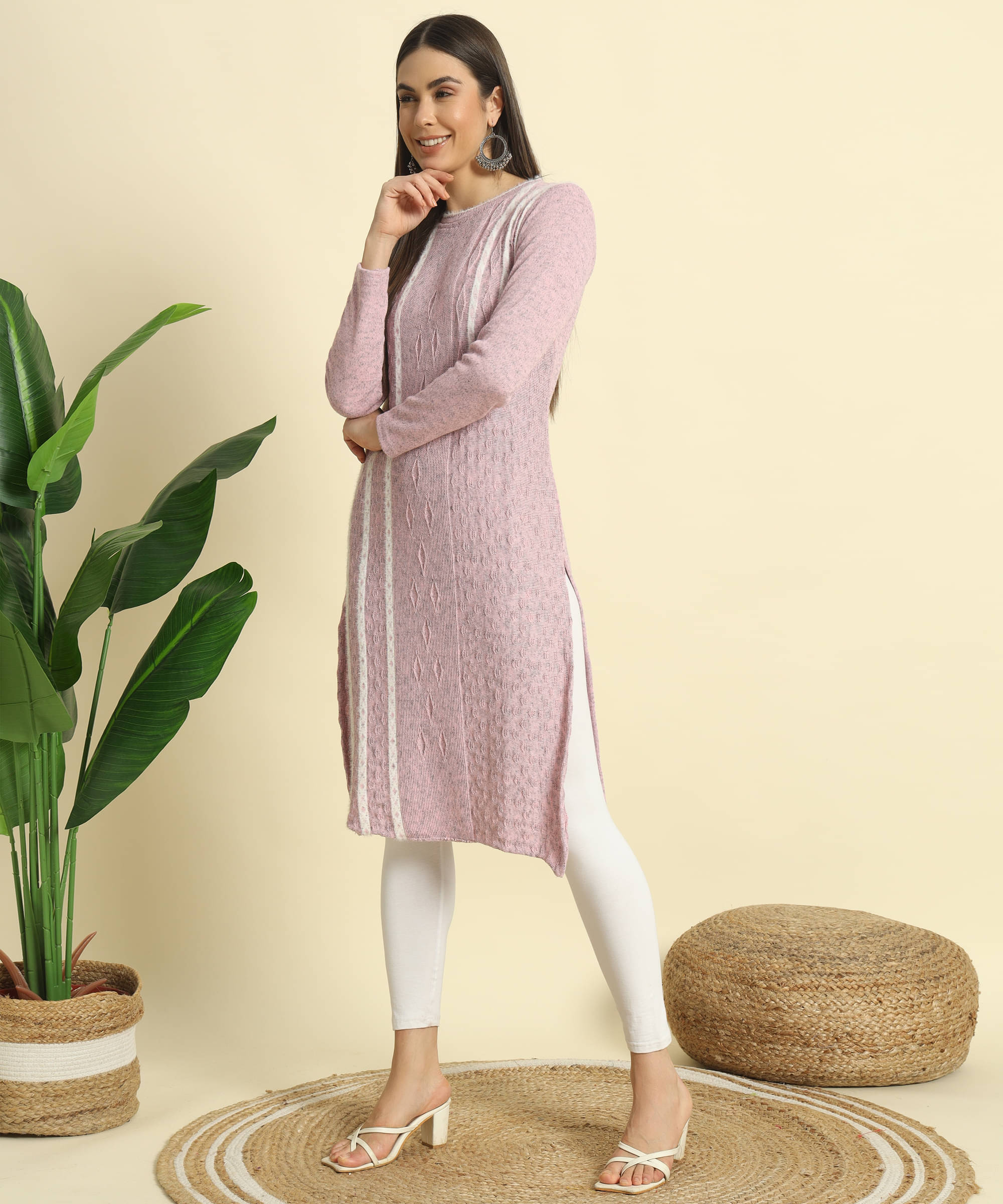 Canblar Women's Woollen Self Design Straight Kurti - ( Pink ) Canblar Women's Woollen Self Design Straight Kurti - ( Pink )