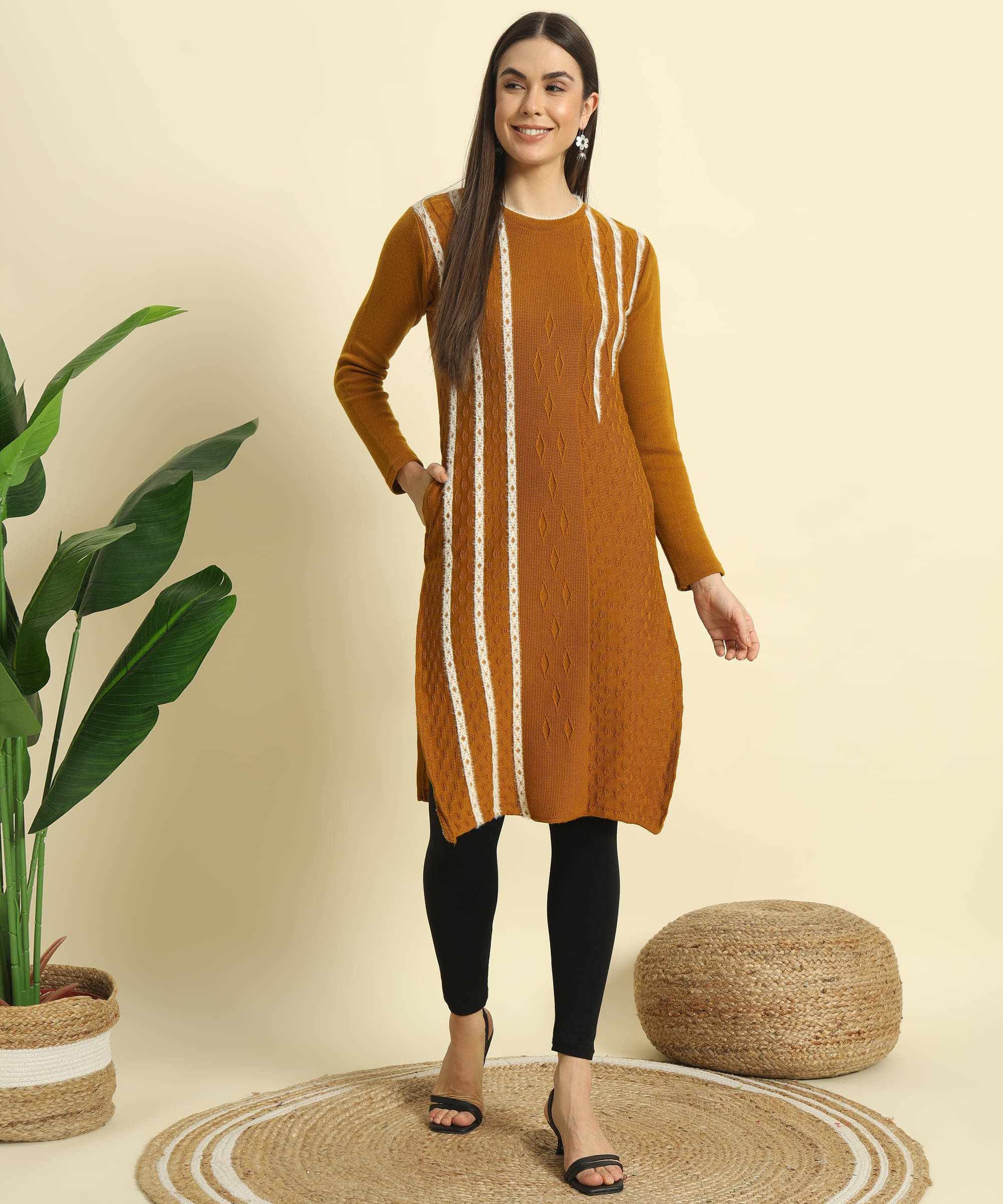 Canblar Women's Woollen Self Design Straight Kurti - ( Brown ) Canblar Women's Woollen Self Design Straight Kurti - ( Brown )