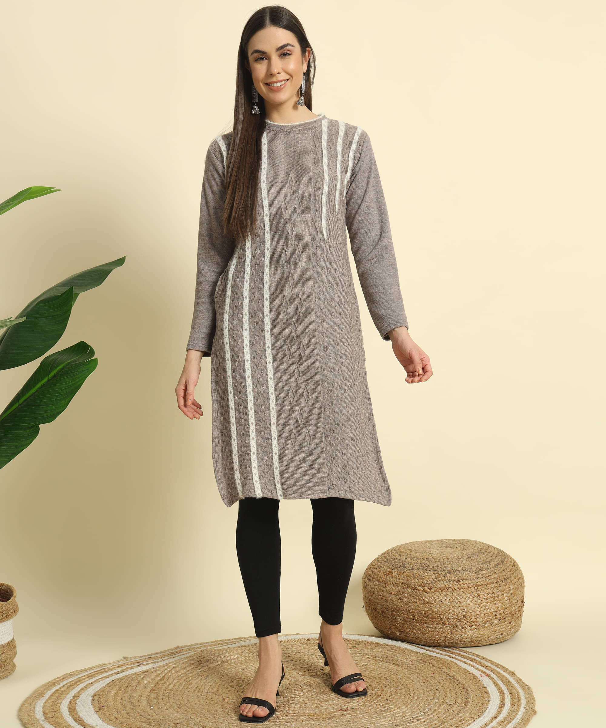 Canblar Women's Woollen Self Design Straight Kurti - ( Grey ) Canblar Women's Woollen Self Design Straight Kurti - ( Grey )