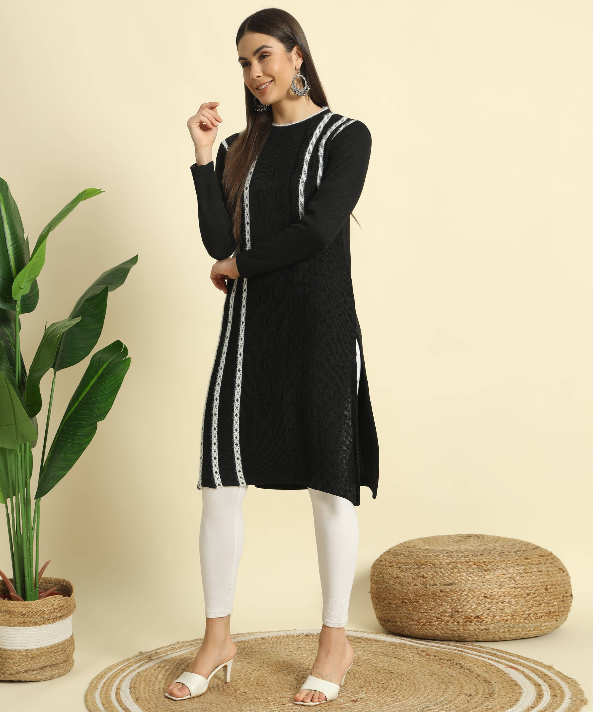 Canblar Women's Woollen Self Design Straight Kurti - ( Black ) Canblar Women's Woollen Self Design Straight Kurti - ( Black )