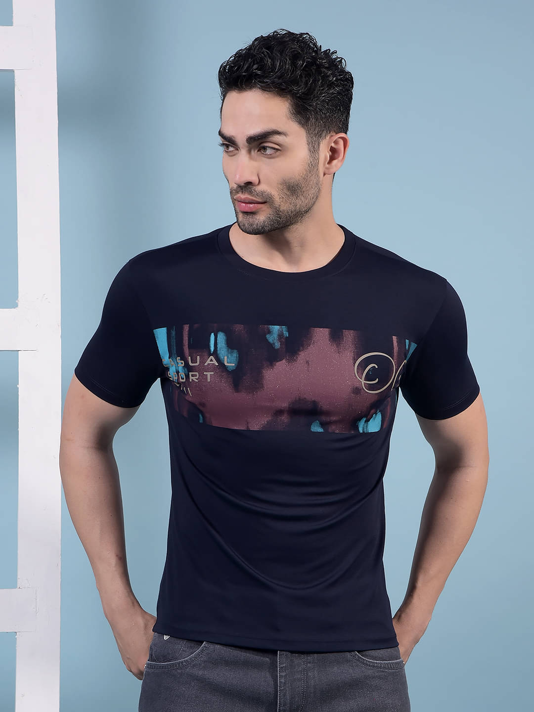     			Dollar Men Cotton Blend Regular Fit Printed T-Shirt ( Navy Blue )