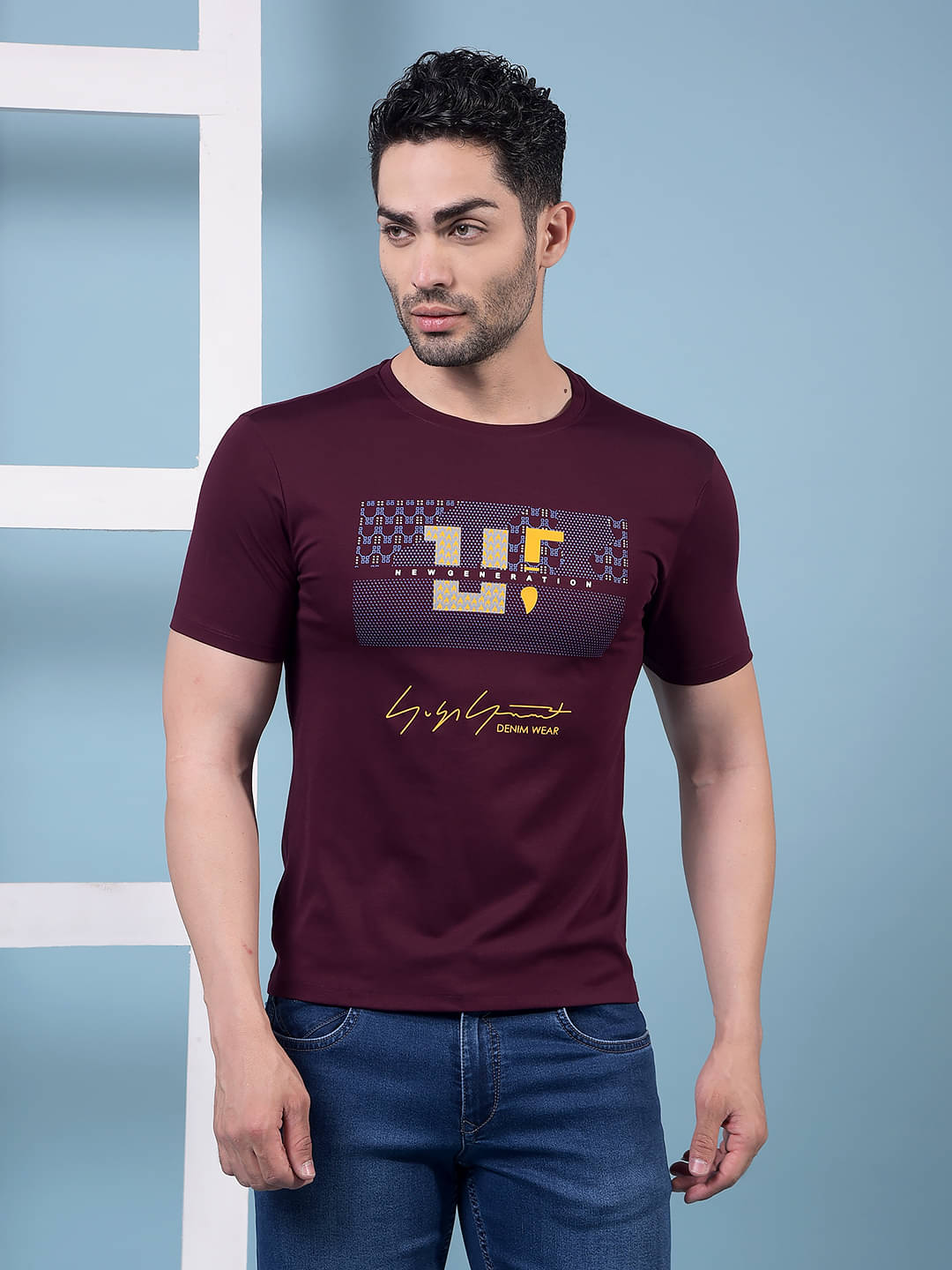     			Dollar Men Cotton Blend Regular Fit Printed T-Shirt ( Wine )