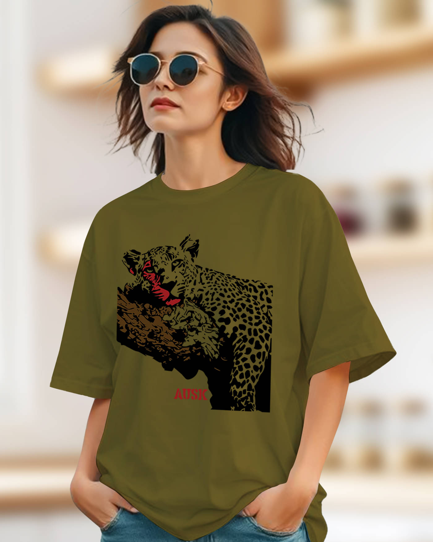     			ENITOR Women Cotton Blend Printed Oversized Round Neck T-Shirt ( Green )
