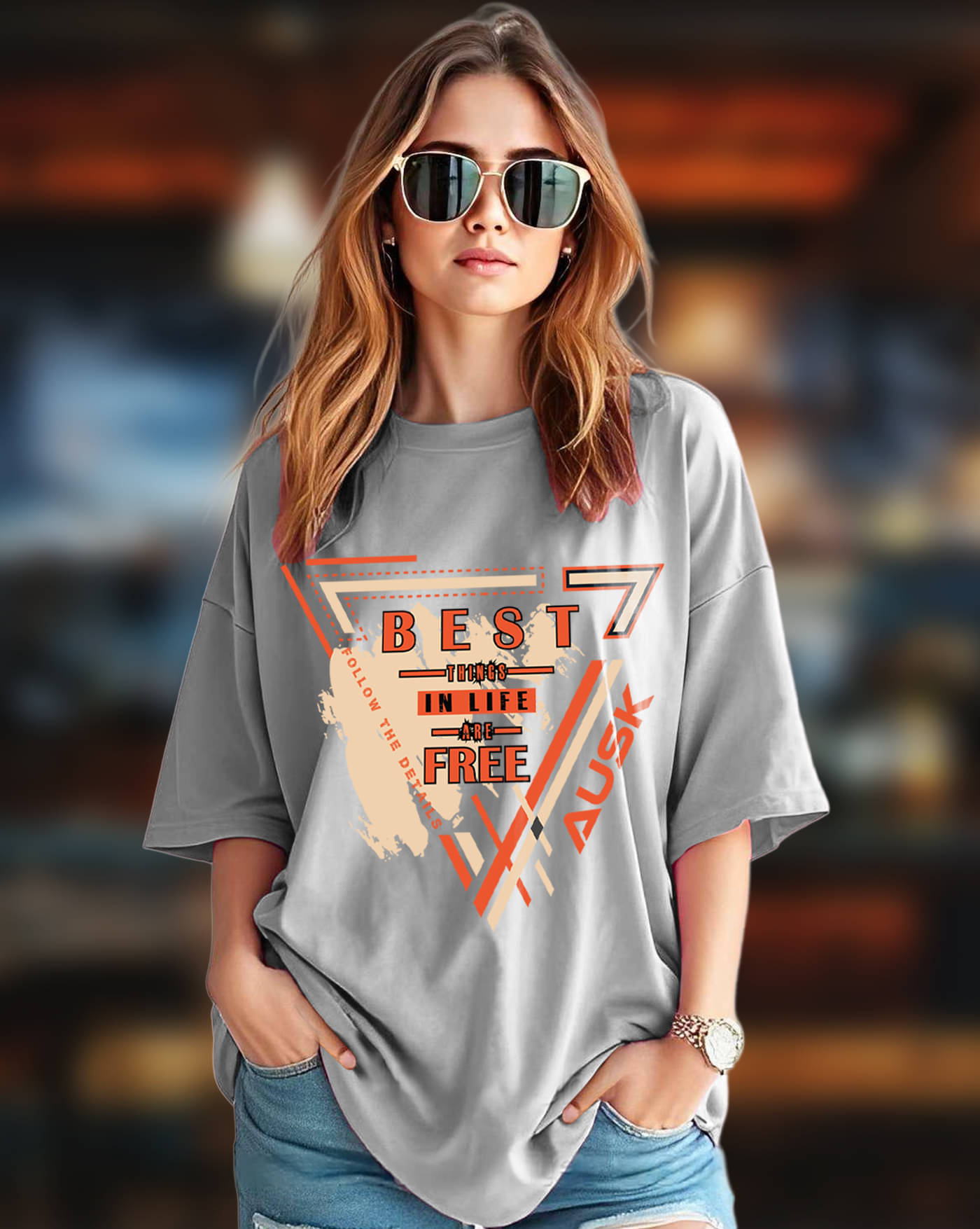     			ENITOR Women Cotton Blend Printed Oversized Round Neck T-Shirt ( Grey )