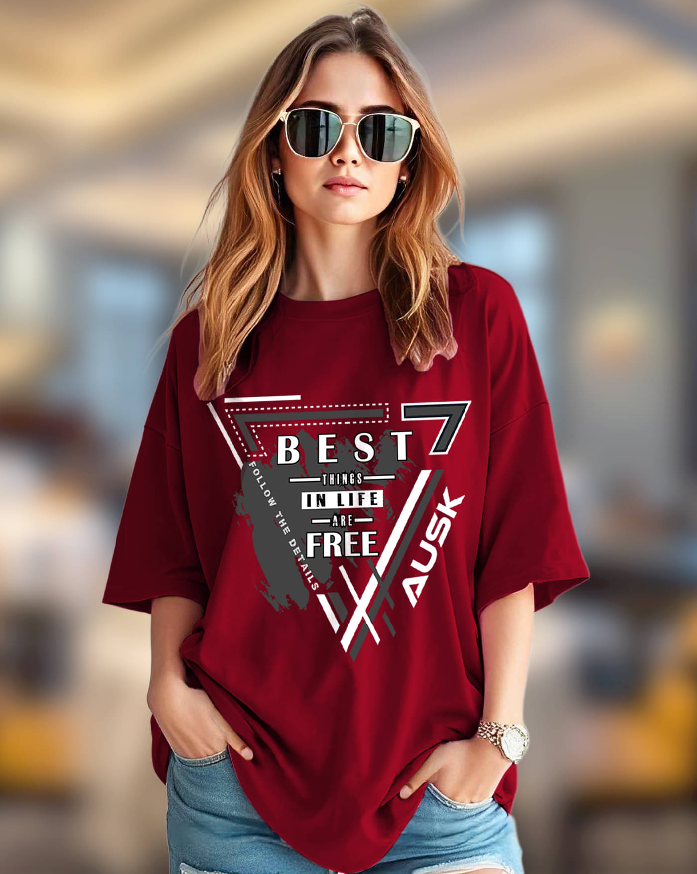     			ENITOR Women Cotton Blend Printed Oversized Round Neck T-Shirt ( Maroon )