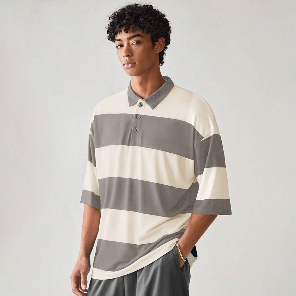 Eyebogler Men Cotton Blend Oversized Fit Striped Polo T Shirt ( Beige ) Eyebogler Men Cotton Blend Oversized Fit Striped Polo T Shirt ( Beige )